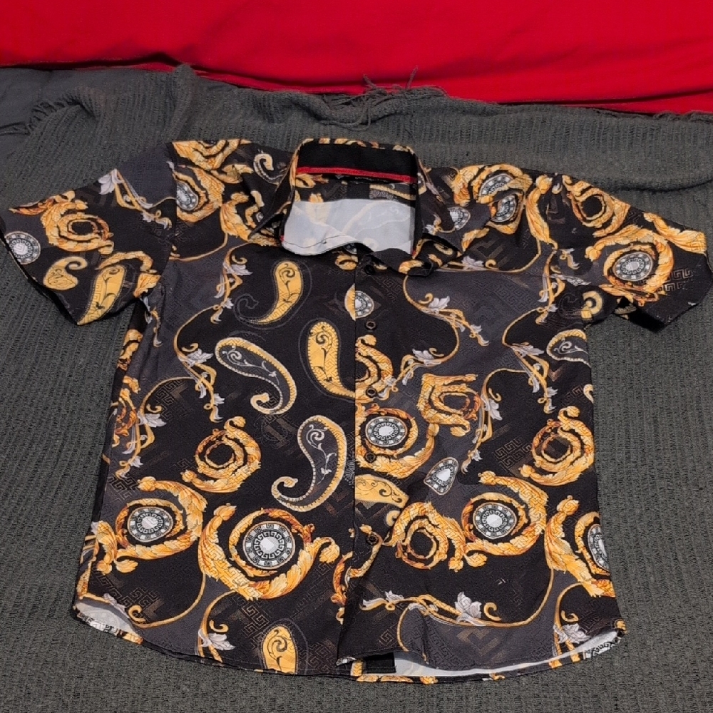 Versace style Black and Gold Patterned Short‎ Sleeve Shirt Collared Button Up